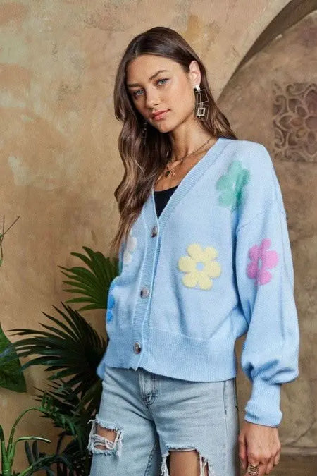 ADORA Flower Button Down Lantern Sleeve Cardigan - Sleekdenim.com