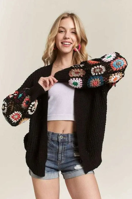 ADORA Full Size Contrast Crochet Open Front Long Sleeve Cardigan Plus Size - Sleekdenim.com