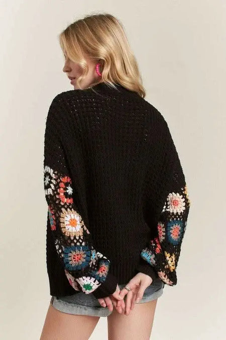 ADORA Full Size Contrast Crochet Open Front Long Sleeve Cardigan Plus Size - Sleekdenim.com