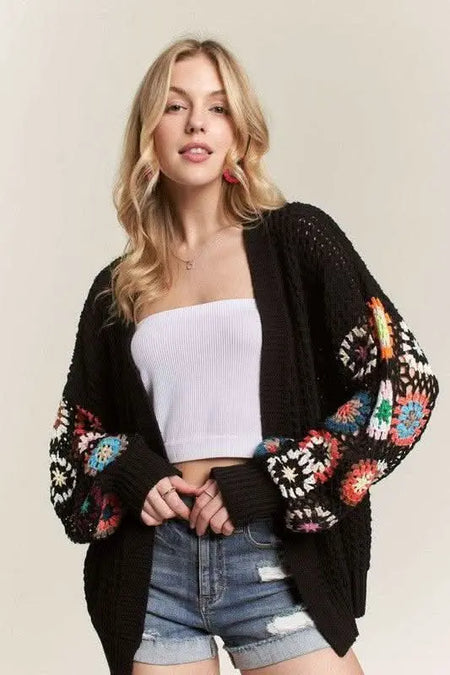 ADORA Full Size Contrast Crochet Open Front Long Sleeve Cardigan Plus Size - Sleekdenim.com