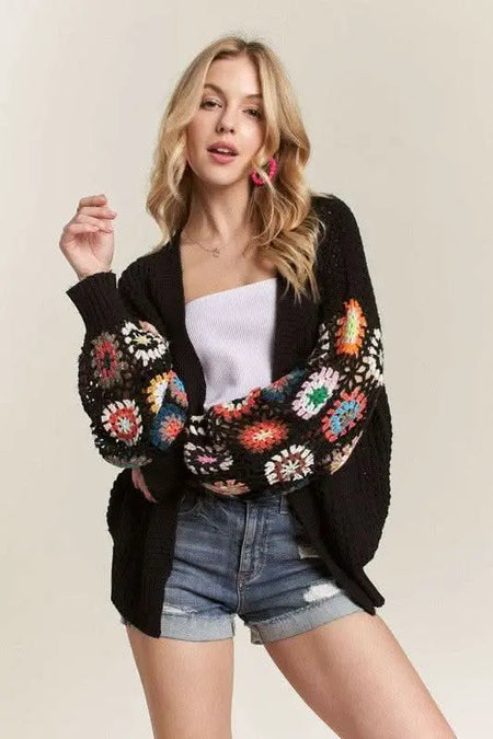 ADORA Full Size Contrast Crochet Open Front Long Sleeve Cardigan Plus Size - Sleekdenim.com