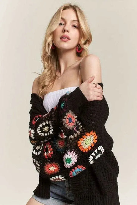 ADORA Full Size Contrast Crochet Open Front Long Sleeve Cardigan Plus Size - Sleekdenim.com