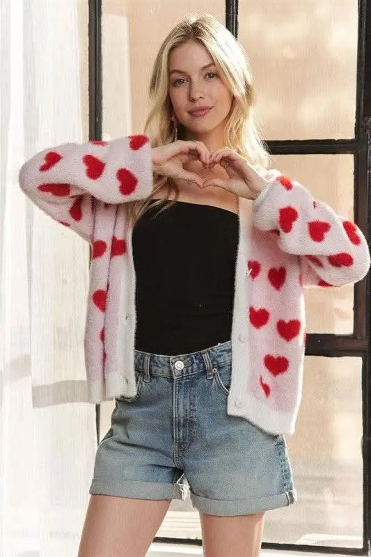 ADORA Fuzzy Heart Button Down Cardigan - Sleekdenim.com