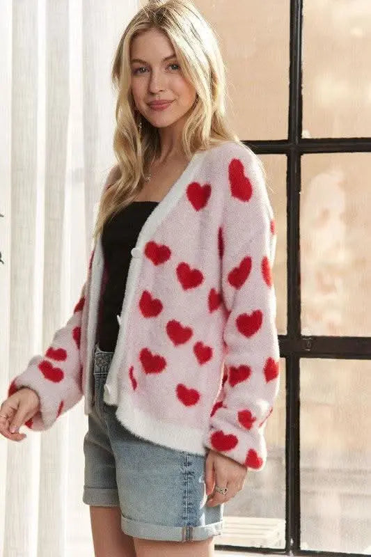 ADORA Fuzzy Heart Button Down Cardigan - Sleekdenim.com