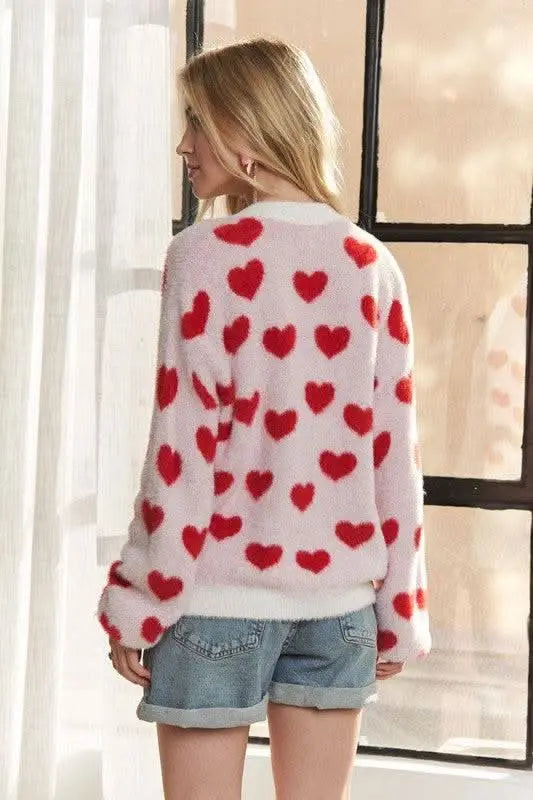 ADORA Fuzzy Heart Button Down Cardigan - Sleekdenim.com