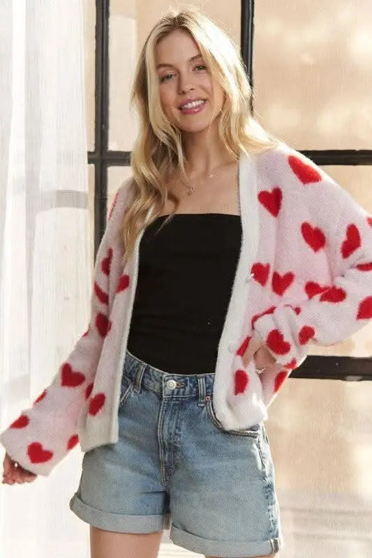 ADORA Fuzzy Heart Button Down Cardigan - Sleekdenim.com