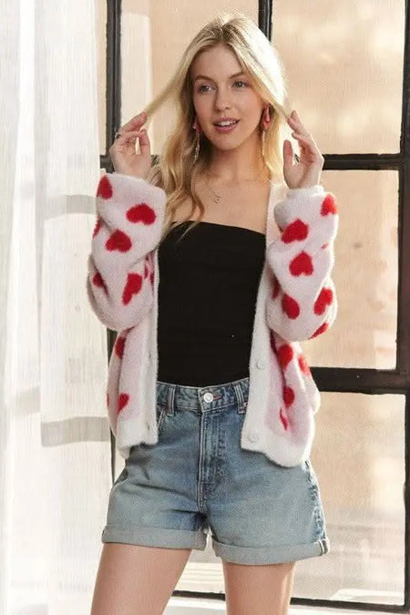 ADORA Fuzzy Heart Button Down Cardigan - Sleekdenim.com