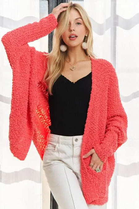 ADORA Popcorn Knit Open Front Long Sleeve Cardigan - Sleekdenim.com