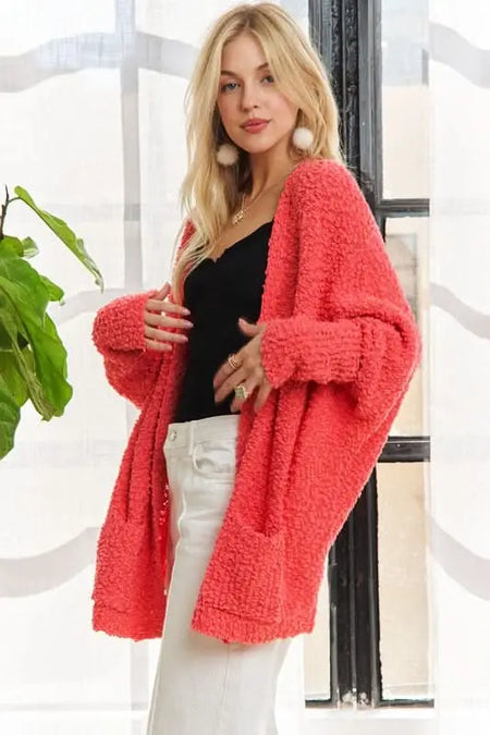 ADORA Popcorn Knit Open Front Long Sleeve Cardigan - Sleekdenim.com