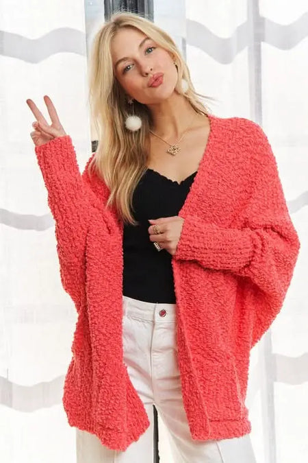 ADORA Popcorn Knit Open Front Long Sleeve Cardigan - Sleekdenim.com