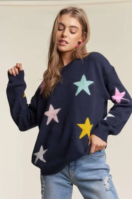 ADORA Stars Pattern Round Neck Drop Shoulder Sweater - Sleekdenim.com