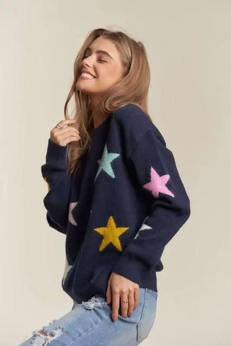 ADORA Stars Pattern Round Neck Drop Shoulder Sweater - Sleekdenim.com