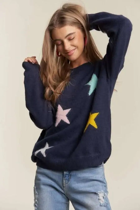 ADORA Stars Pattern Round Neck Drop Shoulder Sweater - Sleekdenim.com