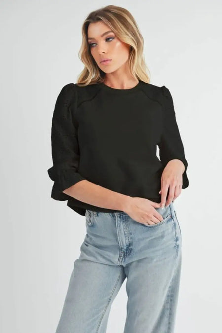 Aemi + Co Embroidered Eyelet Round Neck 3/4 Sleeve Blouse - Sleekdenim.com