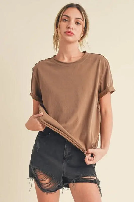 Aemi + Co Exposed Seam Round Neck Short Sleeve T-Shirt - Sleekdenim.com