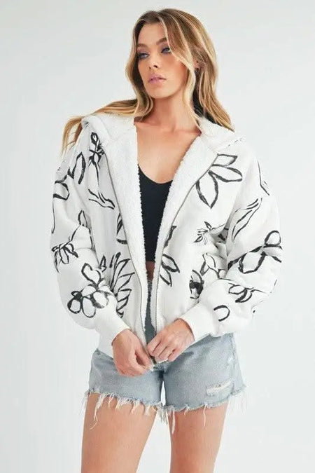 Aemi + Co Flower Print Zip Up Sherpa Hoodie - Sleekdenim.com