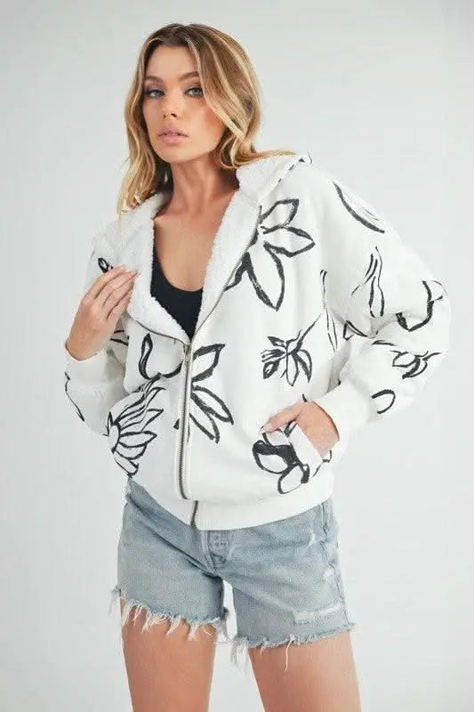 Aemi + Co Flower Print Zip Up Sherpa Hoodie - Sleekdenim.com