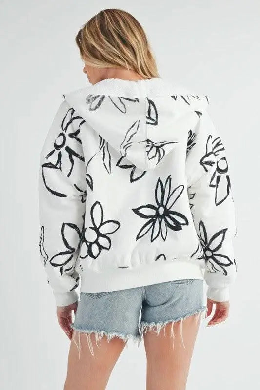 Aemi + Co Flower Print Zip Up Sherpa Hoodie - Sleekdenim.com