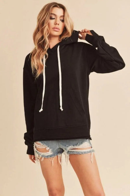 Aemi + Co Raw Hem Kangaroo Pocketed Drawstring Hoodie - Sleekdenim.com