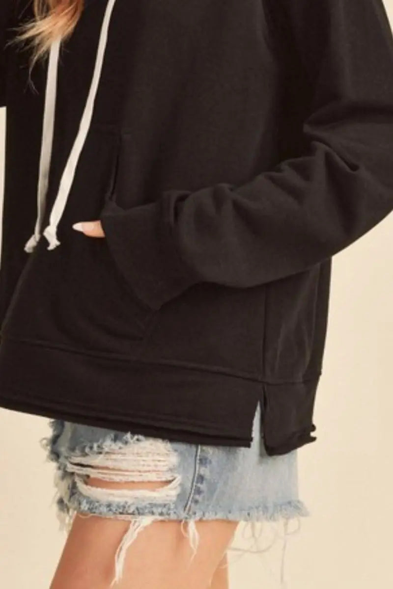 Aemi + Co Raw Hem Kangaroo Pocketed Drawstring Hoodie - Sleekdenim.com