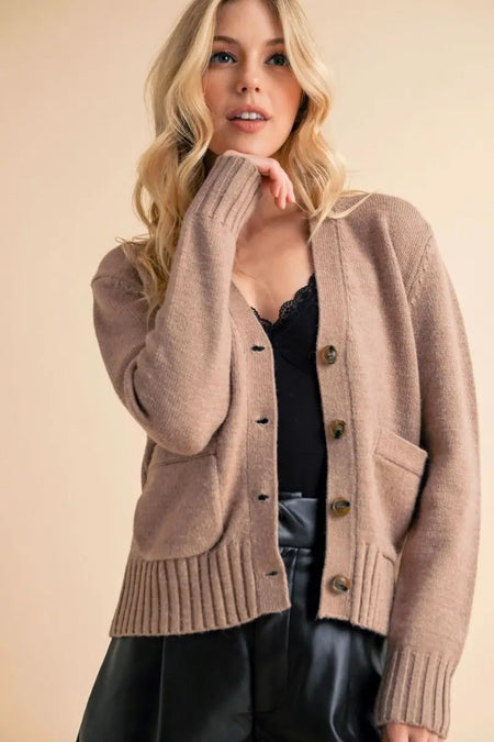 Aemi + Co Ribbed Hem Button Down V - Neck Cardigan - Sleekdenim.com