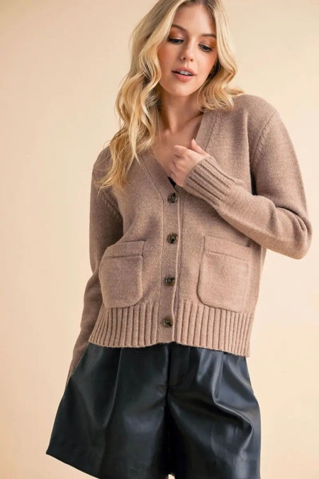 Aemi + Co Ribbed Hem Button Down V - Neck Cardigan - Sleekdenim.com