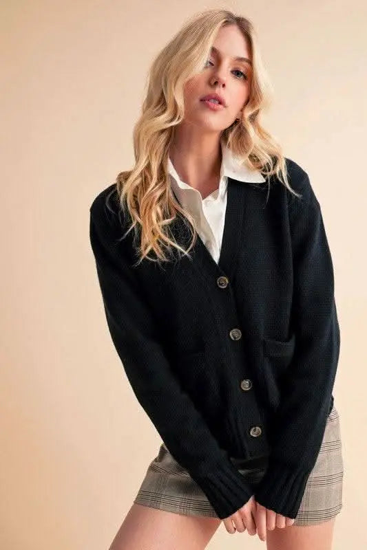 Aemi + Co Ribbed Hem Button Down V - Neck Cardigan - Sleekdenim.com