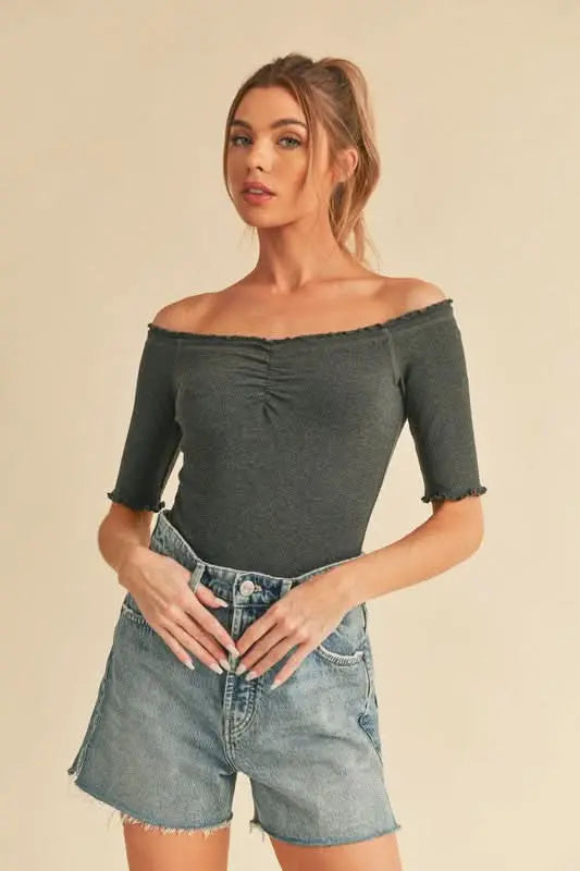 Aemi + Co Ruched Frill Off - Shoulder Half Sleeve Knit Top - Sleekdenim.com