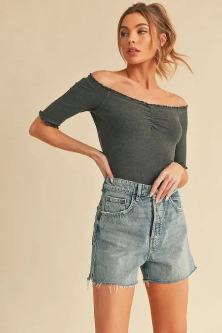 Aemi + Co Ruched Frill Off - Shoulder Half Sleeve Knit Top - Sleekdenim.com