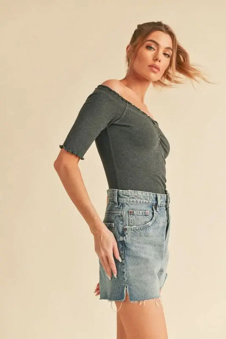 Aemi + Co Ruched Frill Off - Shoulder Half Sleeve Knit Top - Sleekdenim.com