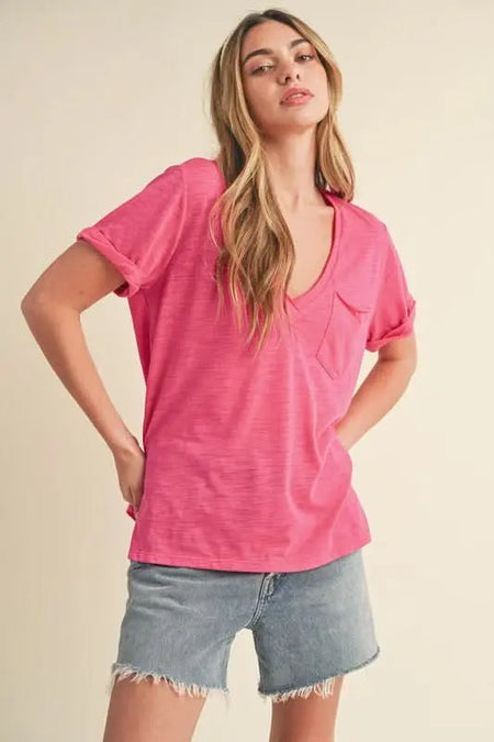 Aemi + Co Side Slit V - Neck Short Rolled Sleeve T-Shirt - Sleekdenim.com