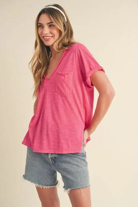 Aemi + Co Side Slit V - Neck Short Rolled Sleeve T-Shirt - Sleekdenim.com