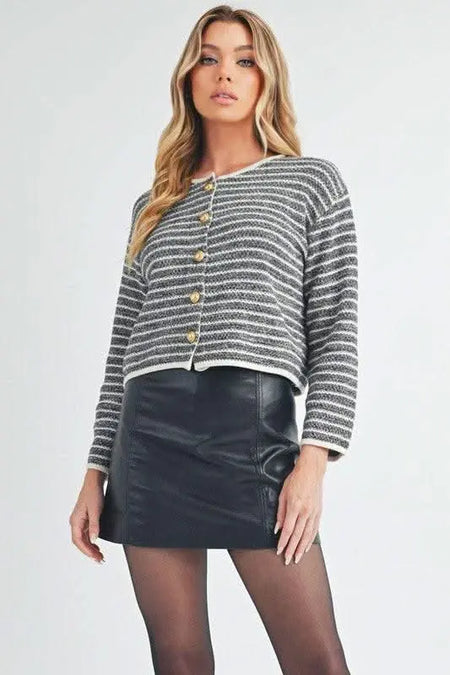 Aemi + Co Striped Button Down Round Neck Cardigan - Sleekdenim.com