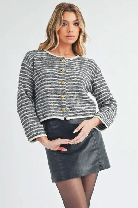 Aemi + Co Striped Button Down Round Neck Cardigan - Sleekdenim.com