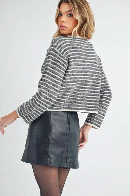 Aemi + Co Striped Button Down Round Neck Cardigan - Sleekdenim.com