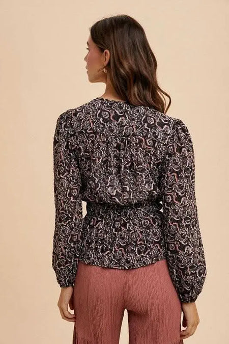 Annie Wear Abstract Print Balloon Sleeve Peplum Blouse - Sleekdenim.com