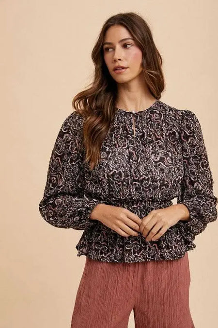 Annie Wear Abstract Print Balloon Sleeve Peplum Blouse - Sleekdenim.com