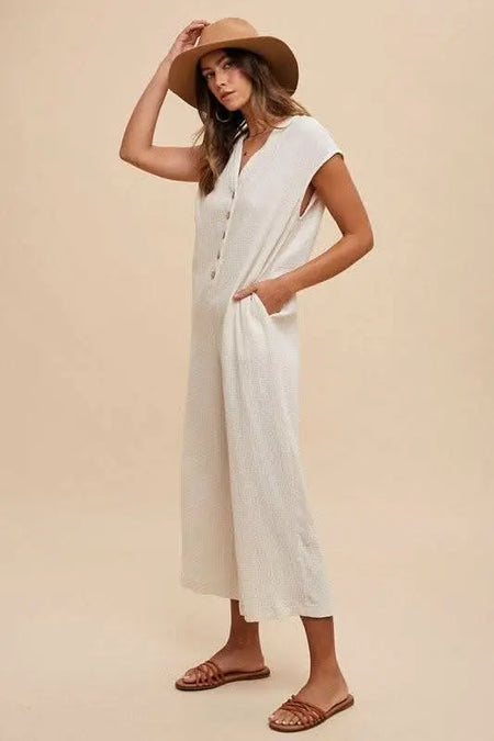 Annie Wear Button Detail Wide Leg Jumpsuit with Pockets - Sleekdenim.com