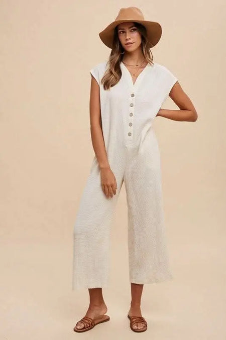 Annie Wear Button Detail Wide Leg Jumpsuit with Pockets - Sleekdenim.com