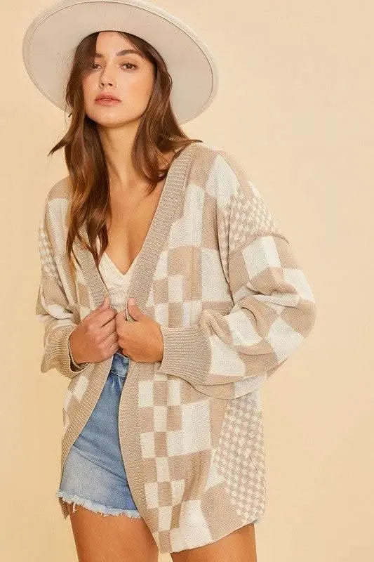 Annie Wear Checkered Open Front Drop Shoulder Cardigan - Sleekdenim.com