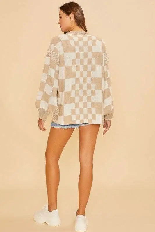 Annie Wear Checkered Open Front Drop Shoulder Cardigan - Sleekdenim.com