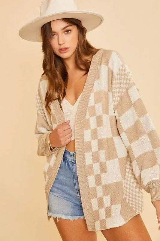 Annie Wear Checkered Open Front Drop Shoulder Cardigan - Sleekdenim.com