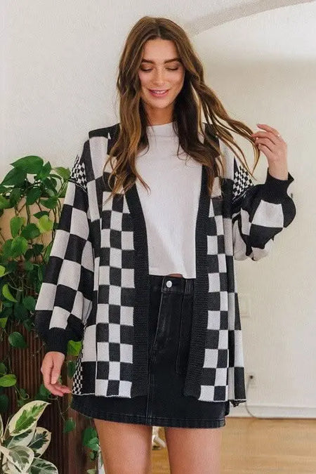 Annie Wear Checkered Open Front Drop Shoulder Cardigan - Sleekdenim.com