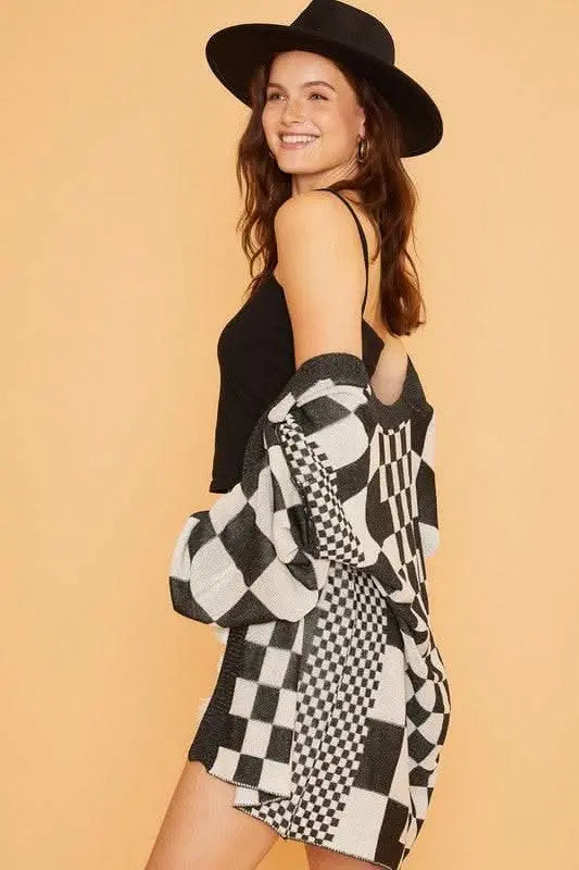 Annie Wear Checkered Open Front Drop Shoulder Cardigan - Sleekdenim.com