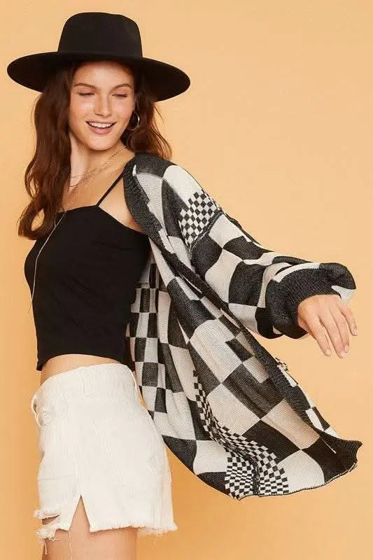 Annie Wear Checkered Open Front Drop Shoulder Cardigan - Sleekdenim.com