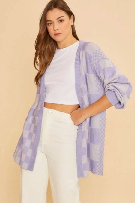 Annie Wear Checkered Open Front Drop Shoulder Cardigan - Sleekdenim.com