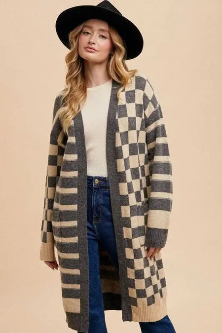 Annie Wear Checkered & Striped Open Front Long Sleeve Cardigan - Sleekdenim.com