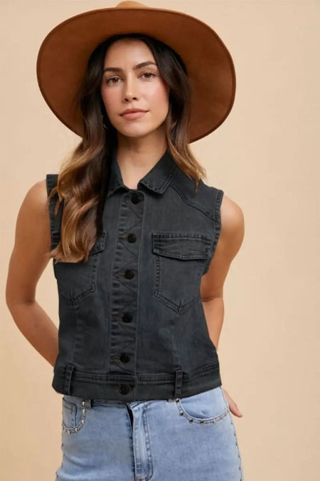 Annie Wear Collared Neck Button Down Denim Vest - Sleekdenim.com