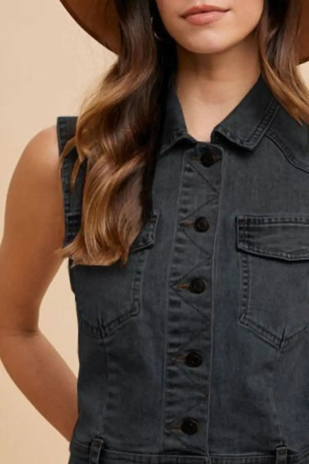 Annie Wear Collared Neck Button Down Denim Vest - Sleekdenim.com