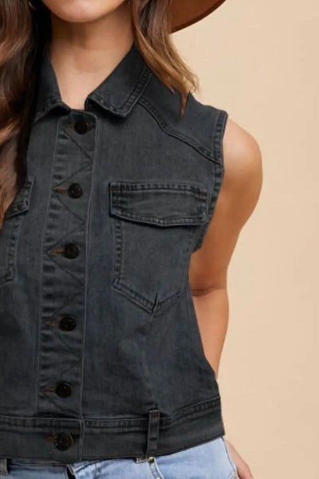 Annie Wear Collared Neck Button Down Denim Vest - Sleekdenim.com